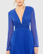 Blue V-Neck Front Twist Long Sleeve Gown